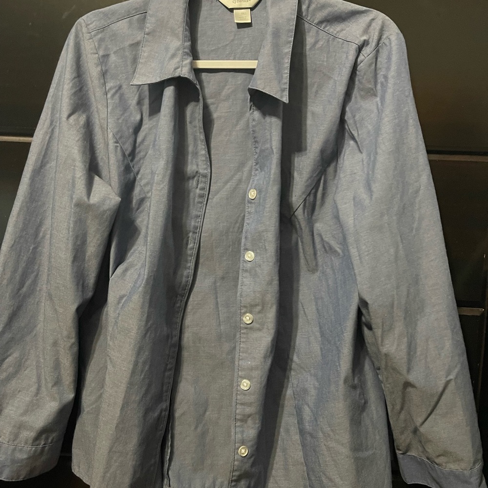 CJ Banks denim color button up dress shirt, woman’s 1X